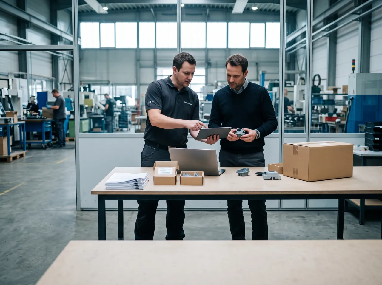 Zwei Mitarbeiter stehen an einem Packtisch in einer Fertigungshalle und sehen gemeinsam auf ein Tablet; davor liegen Bauteile, Lieferscheine und Versandkartons.