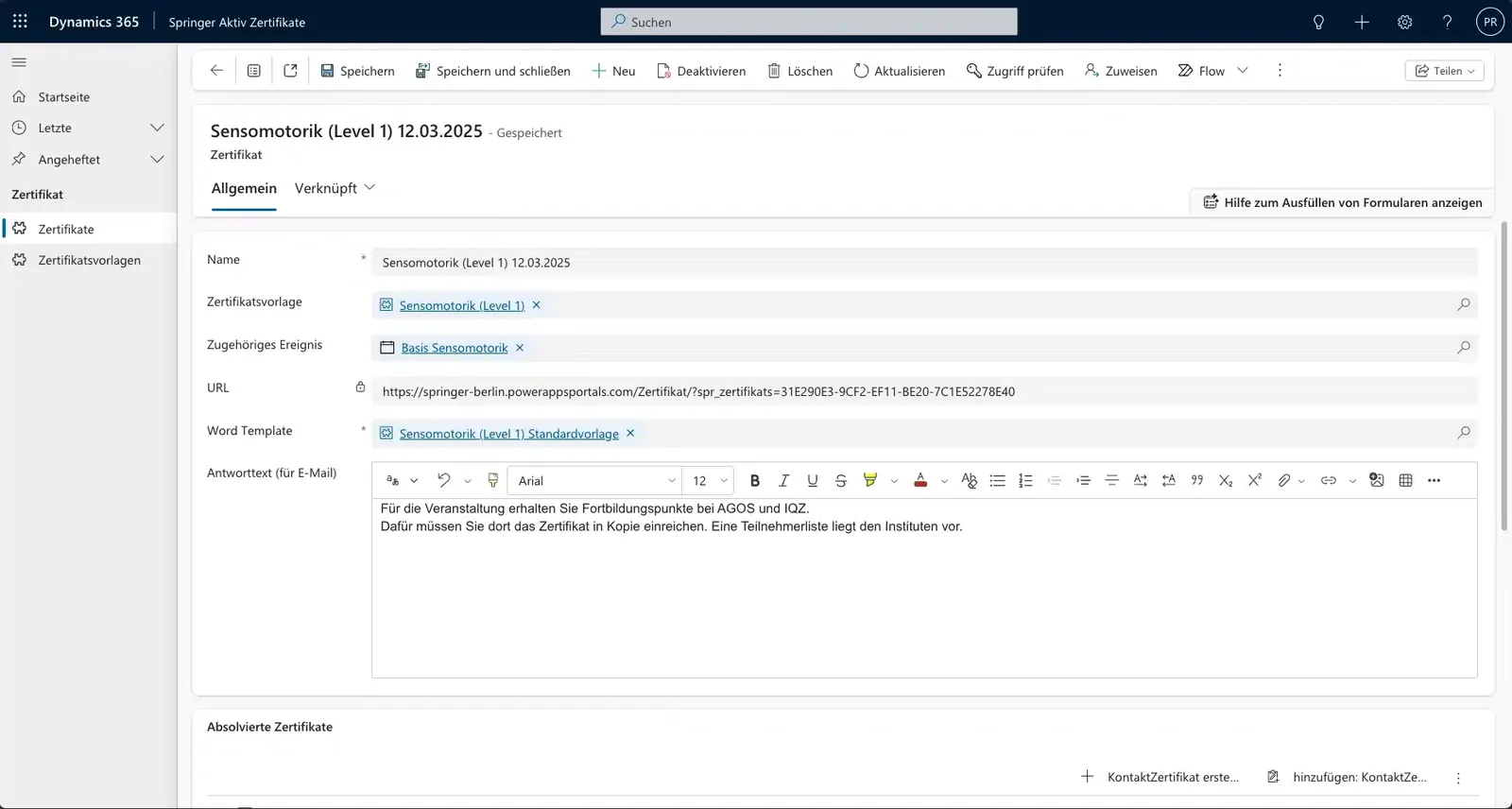 Dashboard der Schulungsverwaltung in Dynamics Customer Insights mit Terminen und Teilnehmerzahlen